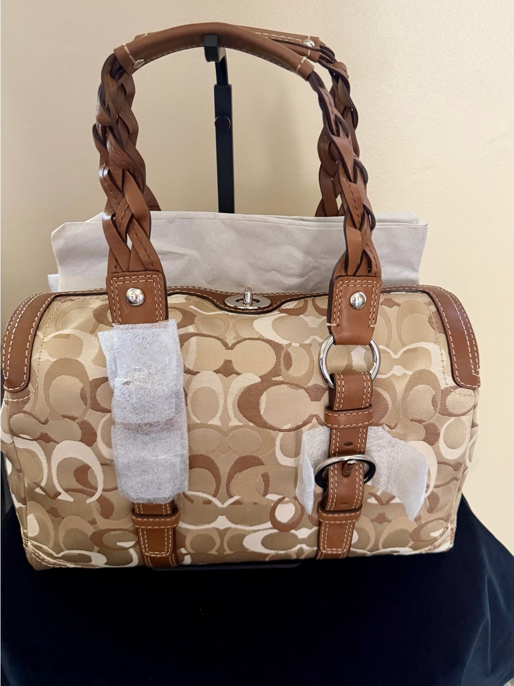 Coach Tan and Cream Signature Satchel with Braided Handles